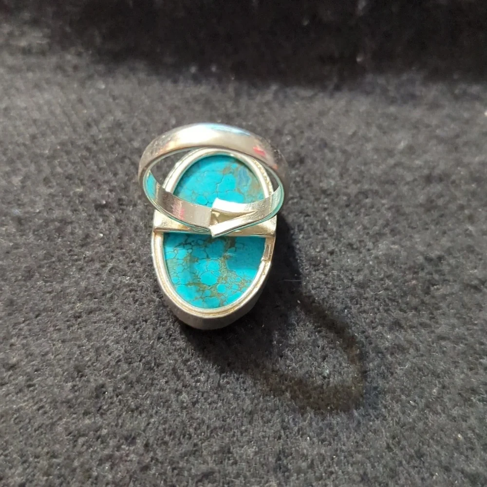 Silver Plated Blue Chocolate Turquoise Gemstone Oval Statement Ring - Size 8-10